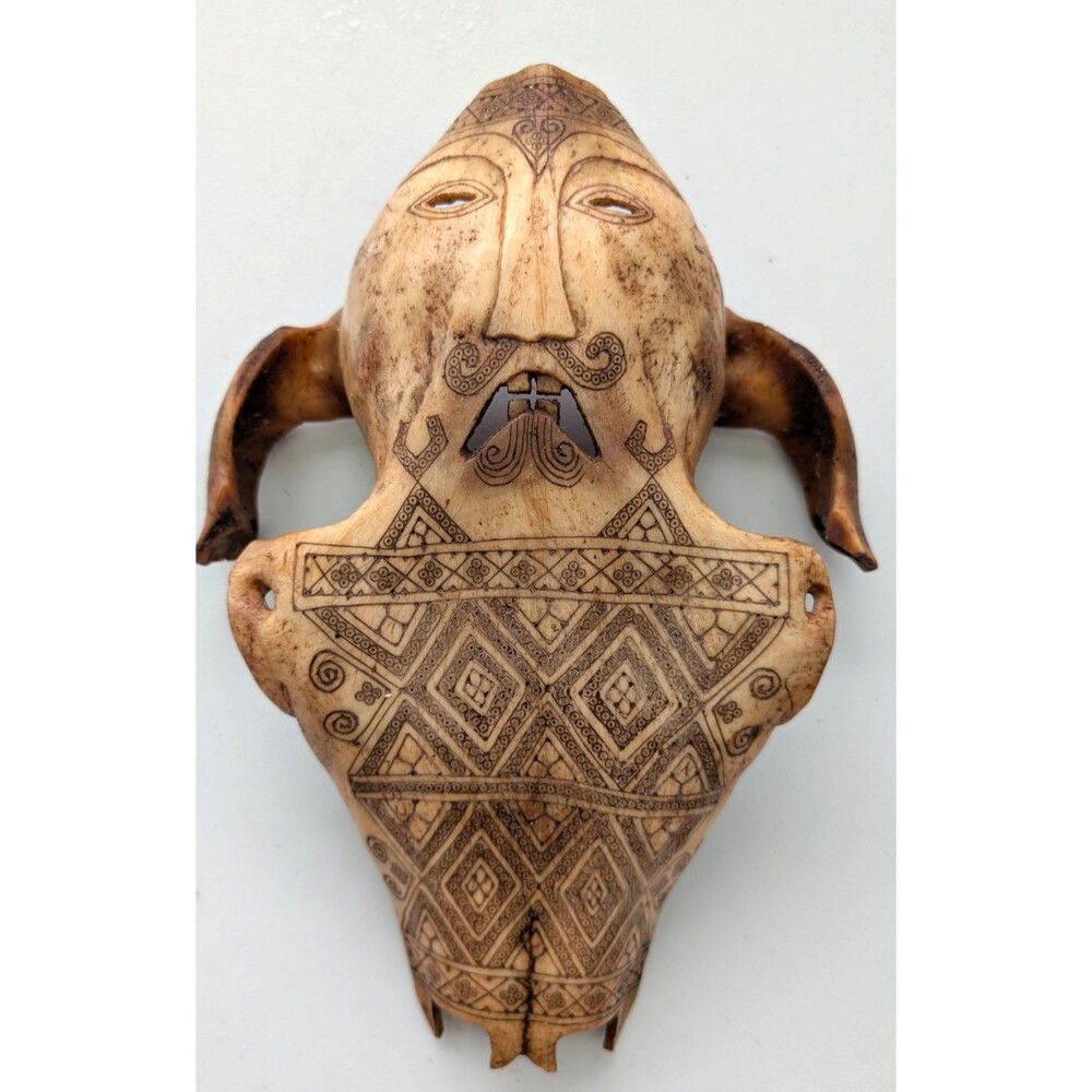 Indonesian Atoni Belu Style Carved Cow Skull Mask Tribal Wall Hanging 12" Bone